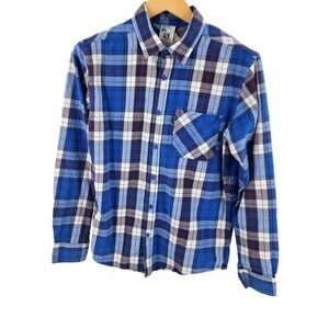 Salomon Plaid Flannel Mens Medium Long Sleeve Button Up Shirt‎ Blue White Cotton
